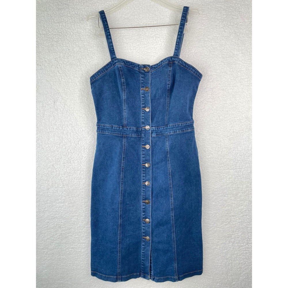 Blue Denim Button‎ Down Mini Dress Sweetheart Sleeveless Medium Wash Bodycon